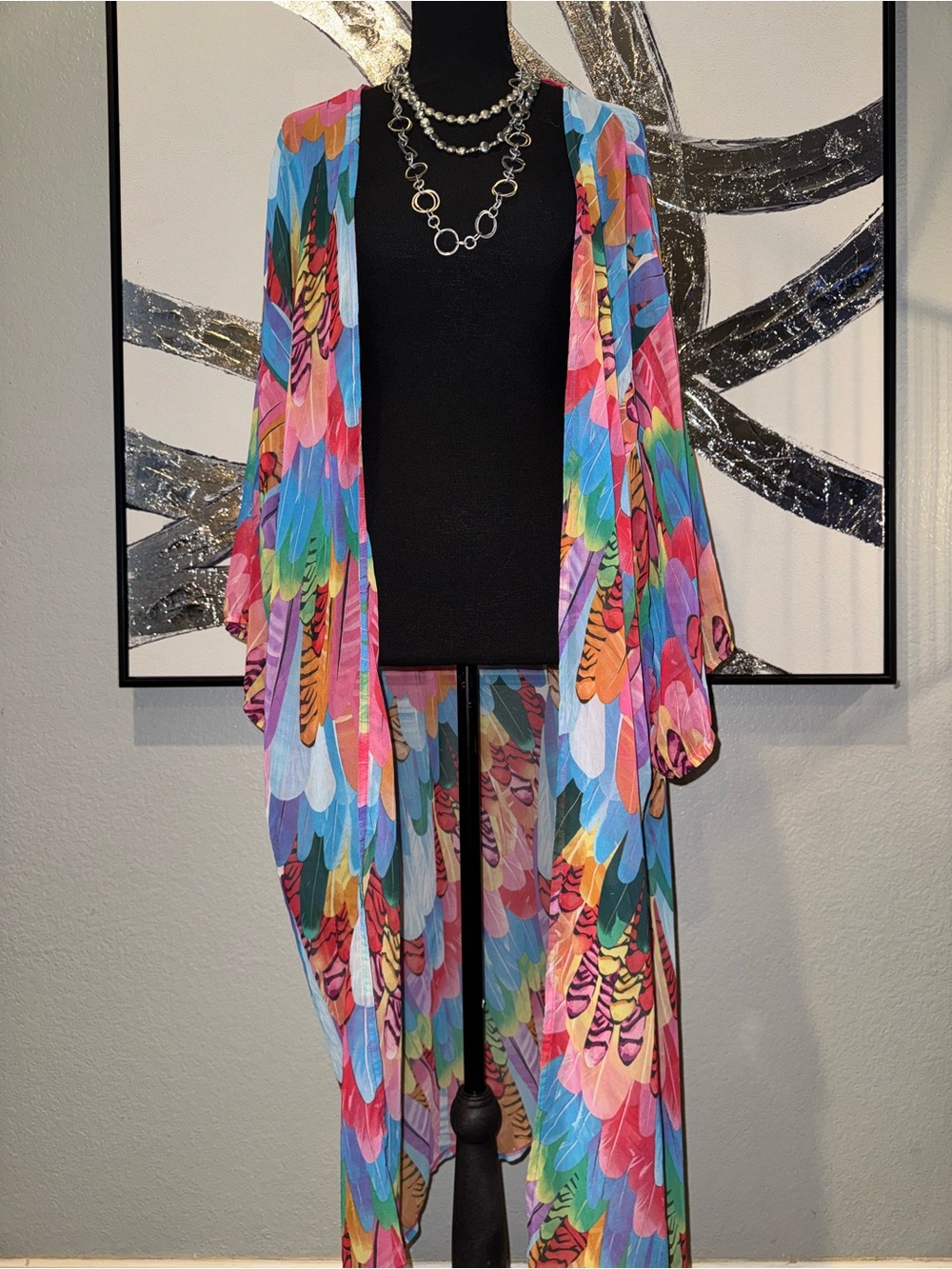 Multi-Color Feather Print Kimono Coverup Women